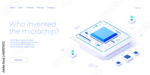 Microchip concept illustration in isometric vector design. Semiconductor or computer processor chip production. CPU hardware technology web banner layout.