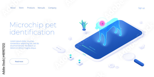 Pet microchip concept illustration in isometric vector design. Dog or animal tracking chip identification. Id implant scan technology web banner layout.