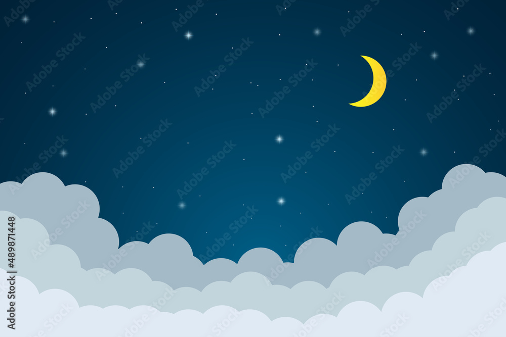 night sky with stars and moon. paper art style. Dreamy background with moon stars and clouds, abstract fantasy background. Half moon, stars and clouds on the dark night sky background. night sky with stars and moon. paper art style. Dreamy background with moon stars and clouds, abstract fantasy background. Half moon, stars and clouds on the dark night sky background.
