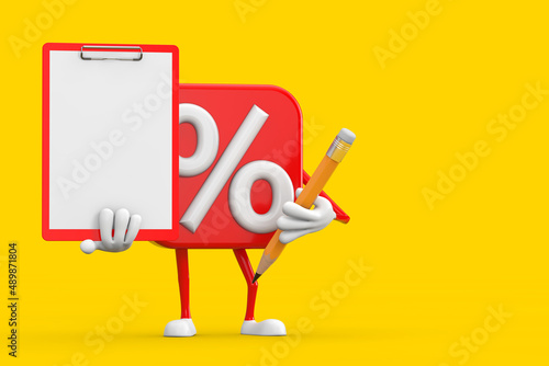Sale or Discount Percent Sign Person Character Mascot with Red Plastic Clipboard, Paper and Pencil. 3d Rendering