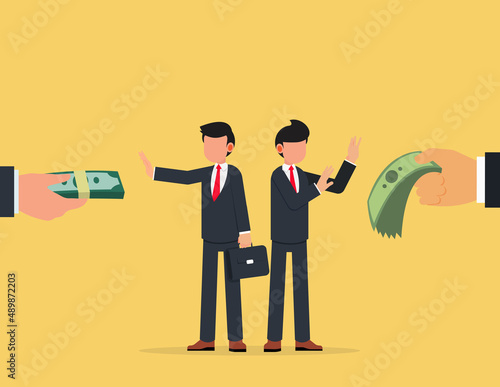 Rejection or refusal concept.two businessmen refusing hand refusing the offered bribe for company corruption.