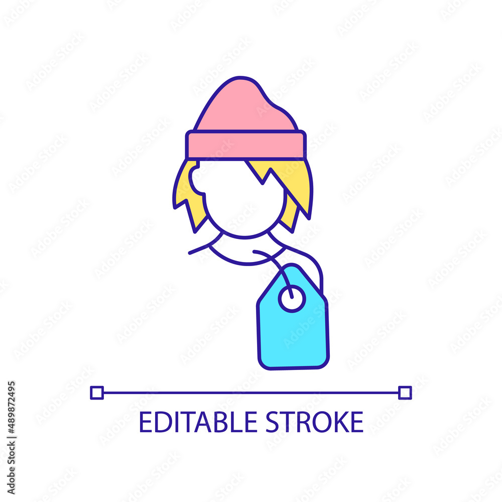 Putting label on homeless person RGB color icon. Stigmatization of homelessness. Prejudice against poverty. Isolated vector illustration. Simple filled line drawing. Editable stroke. Arial font used