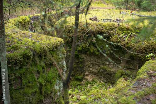 a piece of the defensive wall is covered in moss - an abandoned stone fortress in the forest
