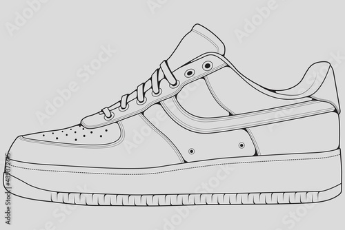 Shoes sneaker outline drawing vector, Sneakers drawn in a sketch style, black line sneaker trainers template outline, vector Illustration.
