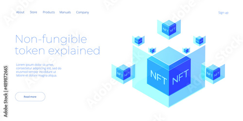 NFT abstract concept illustration in isometric design. Non-fungible token blockchain or marketplace. Cryptographic technology web banner layout.