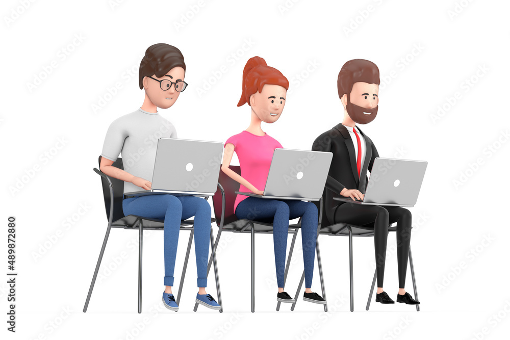 Teamwork Concept. Business Team Character Persons Sitting in Office Chairs and using Laptops. 3d Rendering Teamwork Concept. Business Team Character Persons Sitting in Office Chairs and using Laptops. 3d Rendering