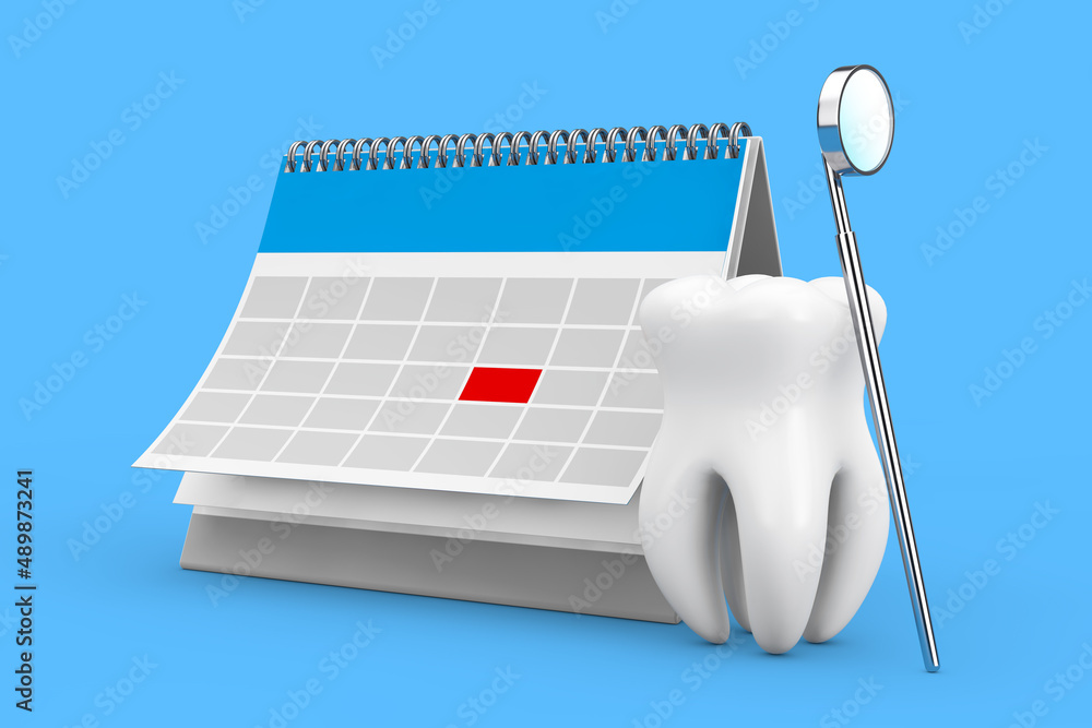 Dental Health Concept. Tooth Icon with Dental Inspection Mirror for Teeth and Reminder Calendar for Visiting the Dentist. 3d Rendering - obrazy, fototapety, plakaty 