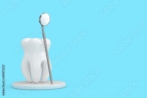 Dental Health Concept. Tooth Icon with Dental Inspection Mirror for Teeth. 3d Rendering photo
