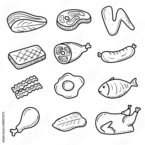 Set of meats doodle illustration isolated on white background. Meat doodle icon
