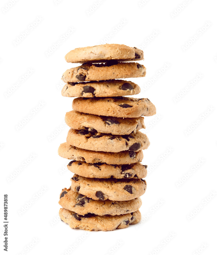 Stack of delicious chocolate chip cookies on white background Stack of delicious chocolate chip cookies on white background