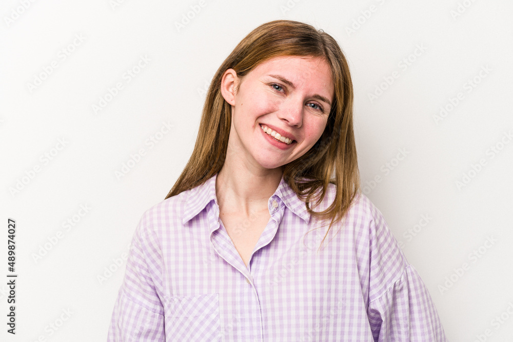 Young russian woman isolated on white background happy, smiling and cheerful. Young russian woman isolated on white background happy, smiling and cheerful.