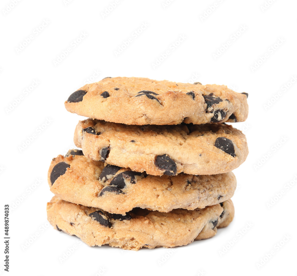 Stack of delicious chocolate chip cookies on white background Stack of delicious chocolate chip cookies on white background
