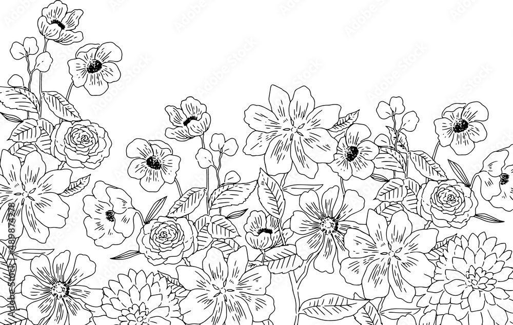 手描き線画のお洒落な花畑のイラスト Stock Vector Adobe Stock