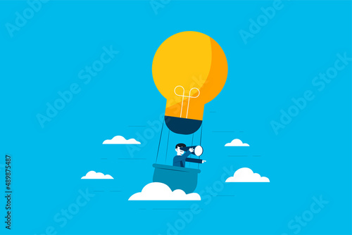 Search for new business opportunity, idea or inspiration, business visionary, challenge or achievement concept, Businessman in hot air balloon searching for opportunity