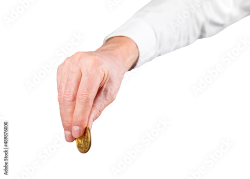 Businessman hand holding bitcoin coin isolated on white background. Cryptocurrency. Donation, contribution, investing concept. High quality photo