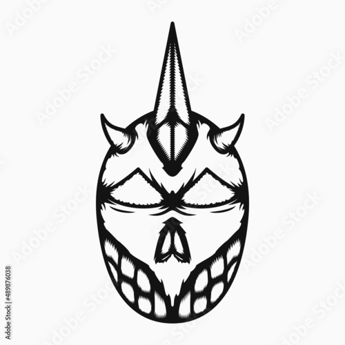 skull demon head illustration with horns and teeth.  black and white. suitable for mascot, symbol, coloring and t-shirt design