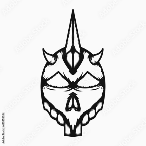 skull demon head with horns and teeth illustration. line art style. black and white. suitable for logo, mascot, symbol, coloring and t-shirt design