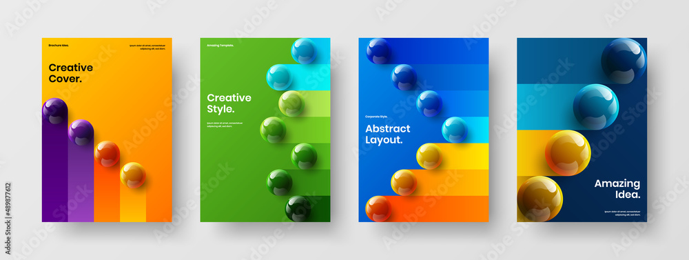 Premium handbill vector design layout bundle. Original realistic spheres company brochure illustration composition.