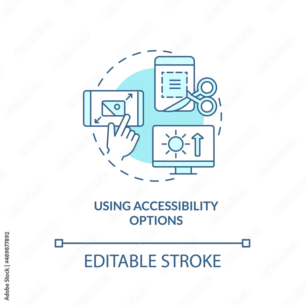 Using accessibility options turquoise concept icon. Digital basic foundation skills abstract idea thin line illustration. Isolated outline drawing. Editable stroke. Arial, Myriad Pro-Bold fonts used