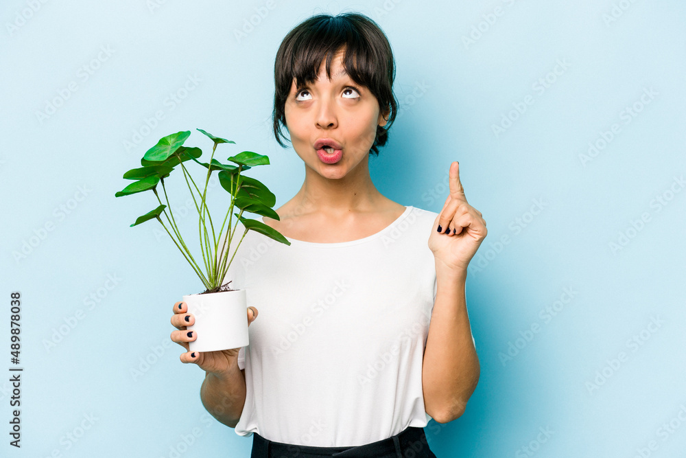 Young hispanic woman holding a plant isolated on blue background pointing upside with opened mouth. Young hispanic woman holding a plant isolated on blue background pointing upside with opened mouth.