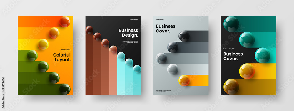 Multicolored company brochure A4 vector design illustration collection. Amazing 3D spheres front page layout composition.