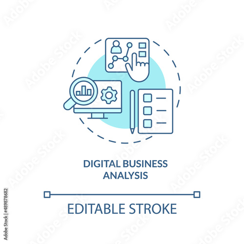 Digital business analysis turquoise concept icon. Advanced digital skills abstract idea thin line illustration. Isolated outline drawing. Editable stroke. Arial, Myriad Pro-Bold fonts used