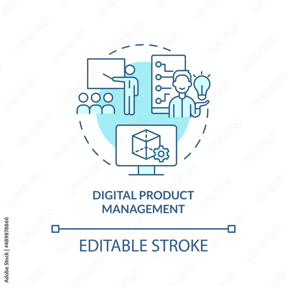 Digital product management turquoise concept icon. Advanced digital skills abstract idea thin line illustration. Isolated outline drawing. Editable stroke. Arial, Myriad Pro-Bold fonts used