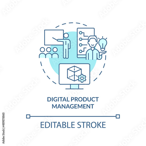 Digital product management turquoise concept icon. Advanced digital skills abstract idea thin line illustration. Isolated outline drawing. Editable stroke. Arial, Myriad Pro-Bold fonts used © bsd studio
