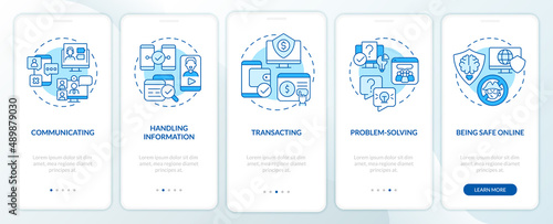 Digital skills blue onboarding mobile app screen. Computer systems walkthrough 5 steps graphic instructions pages with linear concepts. UI, UX, GUI template. Myriad Pro-Bold, Regular fonts used