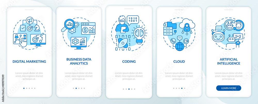 Major digital skills blue onboarding mobile app screen. Computer literacy walkthrough 5 steps graphic instructions pages with linear concepts. UI, UX, GUI template. Myriad Pro-Bold, Regular fonts used Major digital skills blue onboarding mobile app screen. Computer literacy walkthrough 5 steps graphic instructions pages with linear concepts. UI, UX, GUI template. Myriad Pro-Bold, Regular fonts used