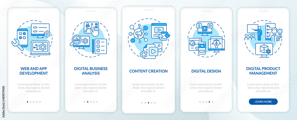 Advanced digital skills blue onboarding mobile app screen. Walkthrough 5 steps graphic instructions pages with linear concepts. UI, UX, GUI template. Myriad Pro-Bold, Regular fonts used