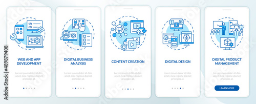 Advanced digital skills blue onboarding mobile app screen. Walkthrough 5 steps graphic instructions pages with linear concepts. UI, UX, GUI template. Myriad Pro-Bold, Regular fonts used