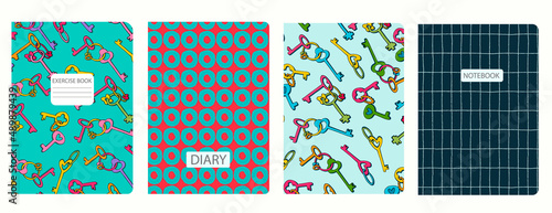 Cover page templates based on seamless patterns with geometric shapes, keys, hand drawn circles, rhombuses. Headers isolated and replaceable. Background for school notebooks, notepads, diaries