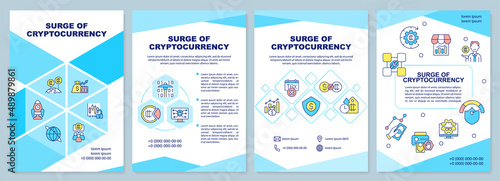 Surge of cryptocurrency turquoise brochure template. Popularity growth. Leaflet design with linear icons. 4 vector layouts for presentation, annual reports. Arial-Black, Myriad Pro-Regular fonts used