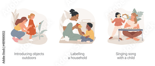 Language and speaking development isolated cartoon vector illustration set. Introducing objects outdoors, labelling a household, singing song with a child, homebased daycare vector cartoon.