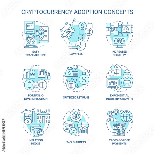 Cryptocurrency adoption turquoise concept icons set. Inflation hedge idea thin line color illustrations. Low fees. Isolated symbols. Editable stroke. Roboto-Medium, Myriad Pro-Bold fonts used