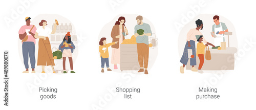 Family shopping isolated cartoon vector illustration set. Picking goods, shopping list, making purchase, diverse parents and children in supermarket, buy grocery, register belt vector cartoon.