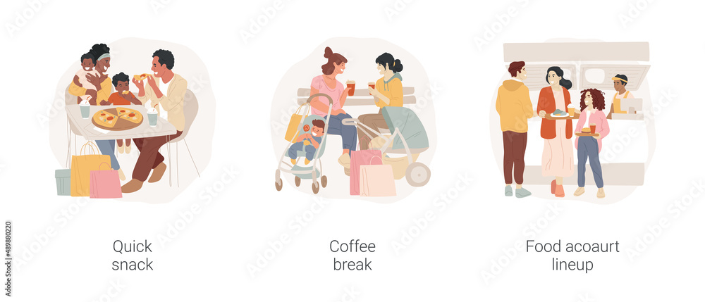 Time in shopping mall isolated cartoon vector illustration set. Quick snack, coffee break, food court lineup, having lunch, snack bar, shopping bags, family talking and laughing vector cartoon.