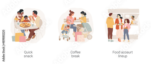 Time in shopping mall isolated cartoon vector illustration set. Quick snack, coffee break, food court lineup, having lunch, snack bar, shopping bags, family talking and laughing vector cartoon. © Vector Juice