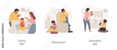 Family conflicts isolated cartoon vector illustration set. Kid and parent fight, conflict with child, family member resentment, generation gap problem, misunderstanding vector cartoon. © Vector Juice