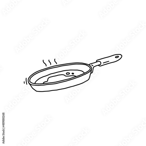 Frying pan with frying food, hand drawn doodle vector illustration isolated.