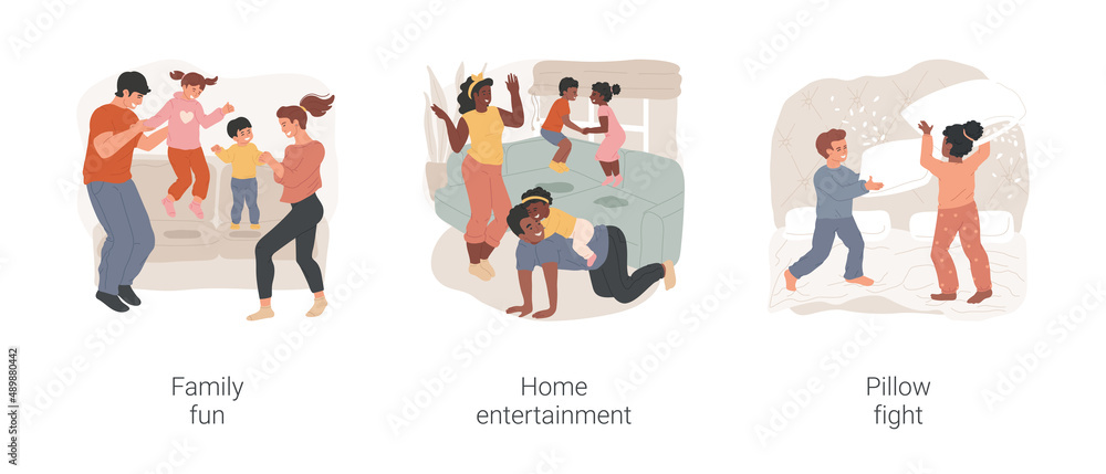 Family fun moments isolated cartoon vector illustration set. Family members having fun together in living room, home entertainment, happy children laughing, pillow fight in bedroom vector cartoon.