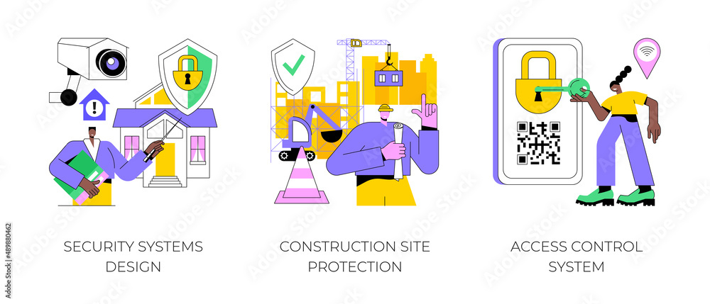 Security solutions abstract concept vector illustration set. Security systems design, construction site protection, access control system, commercial building, authorize entry abstract metaphor. Security solutions abstract concept vector illustration set. Security systems design, construction site protection, access control system, commercial building, authorize entry abstract metaphor.