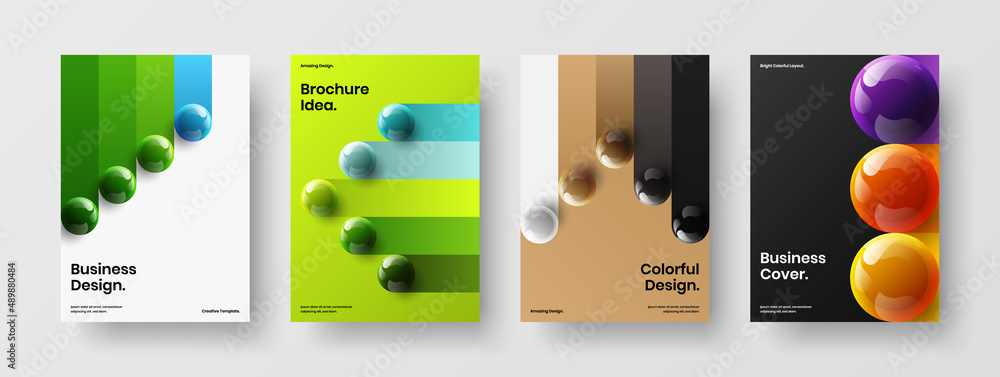 Trendy corporate brochure A4 design vector concept composition. Fresh realistic spheres catalog cover illustration bundle.