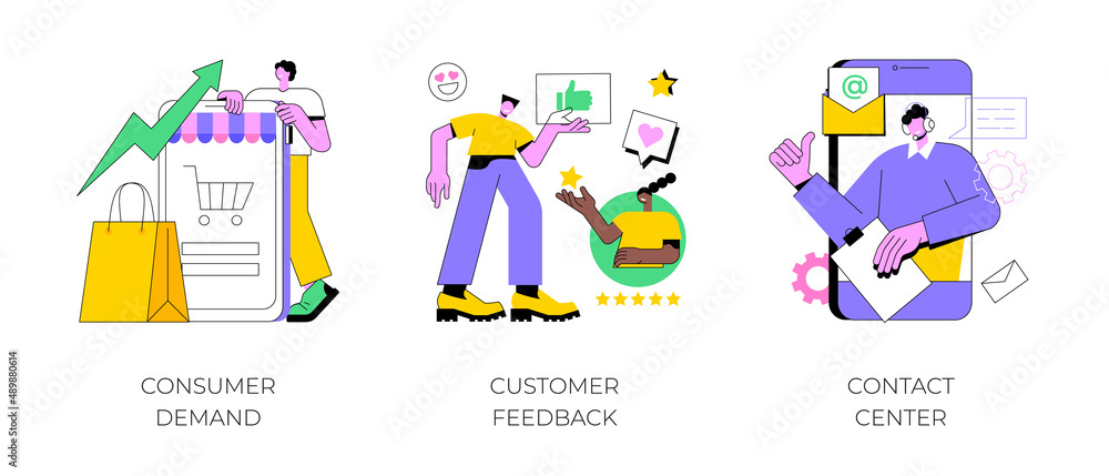 Customer relationship management abstract concept vector illustration set. Consumer demand, customer feedback, contact center, retail marketing, user support, market research abstract metaphor. Customer relationship management abstract concept vector illustration set. Consumer demand, customer feedback, contact center, retail marketing, user support, market research abstract metaphor.