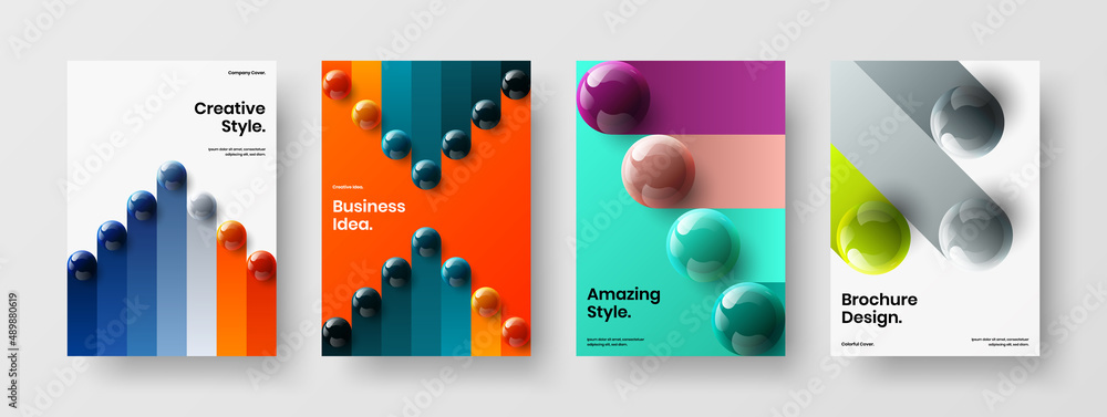 Isolated 3D spheres leaflet illustration bundle. Premium company identity A4 vector design concept collection.