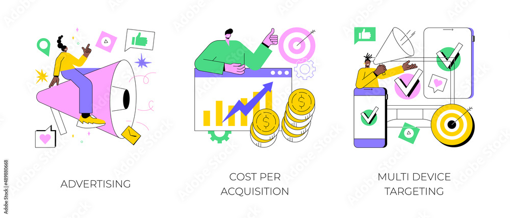 Online digital campaign abstract concept vector illustration set. Advertising, cost per acquisition, multi device targeting, target audience, media planning, PPC strategy, promotion abstract metaphor.