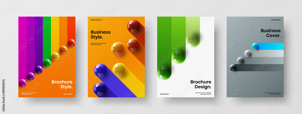 Naklejka premium Trendy realistic balls leaflet template set. Isolated company identity A4 design vector layout composition.