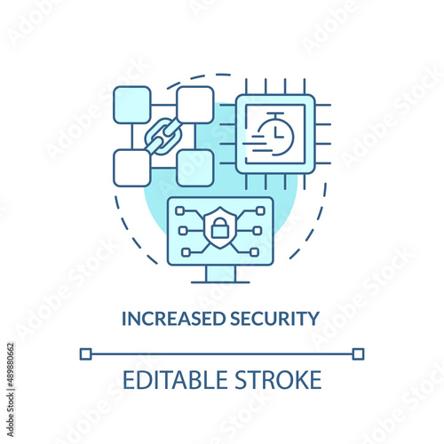 Increased security turquoise concept icon. Cryptocurrency biggest advantage abstract idea thin line illustration. Isolated outline drawing. Editable stroke. Arial, Myriad Pro-Bold fonts used © bsd studio