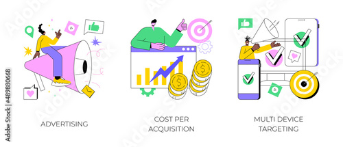 Online digital campaign abstract concept vector illustration set. Advertising, cost per acquisition, multi device targeting, target audience, media planning, PPC strategy, promotion abstract metaphor.